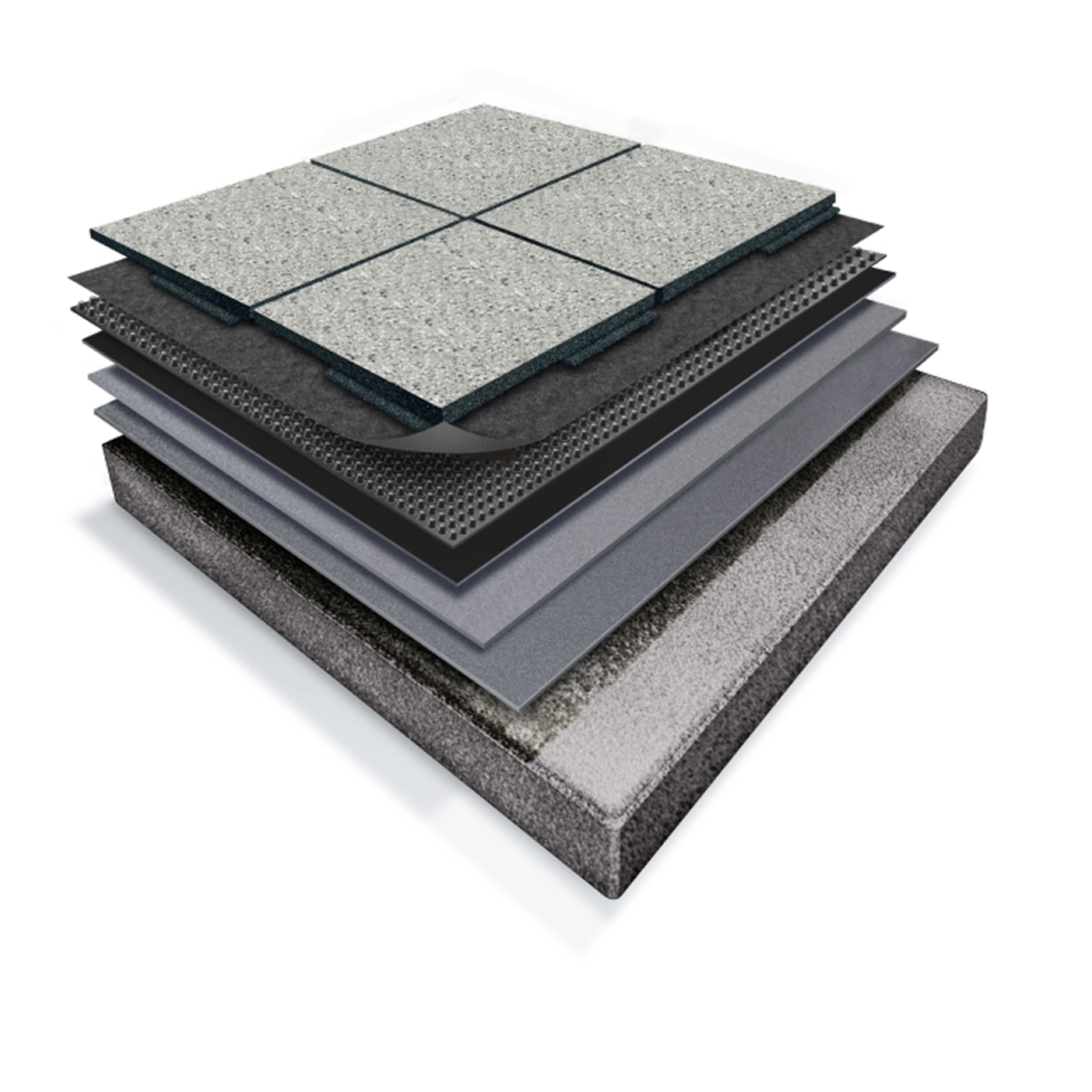 Layered diagram of a Siplast roof system with gray rubber paver tiles on top